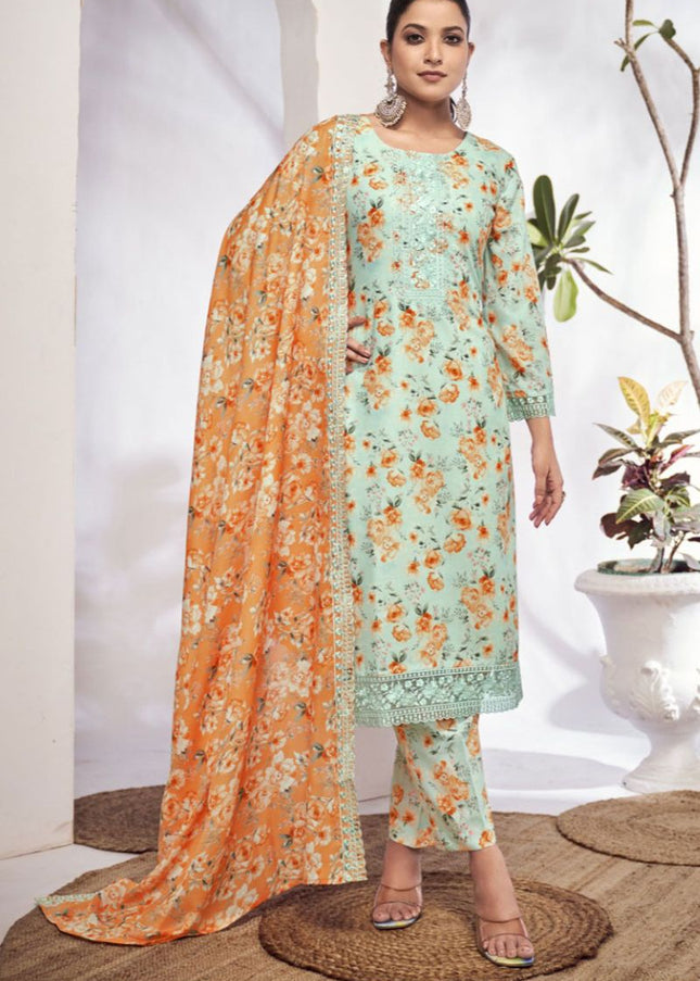 Blue and Peach Floral Printed and Embroidered Pant Style Suit