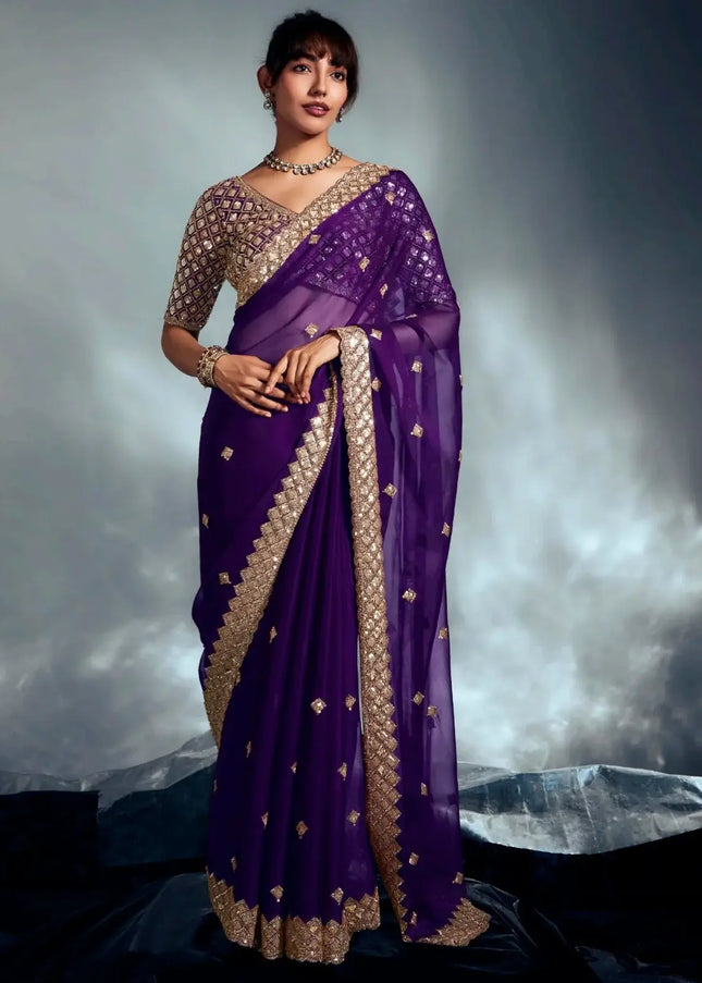 Purple Embroidered Wedding Saree