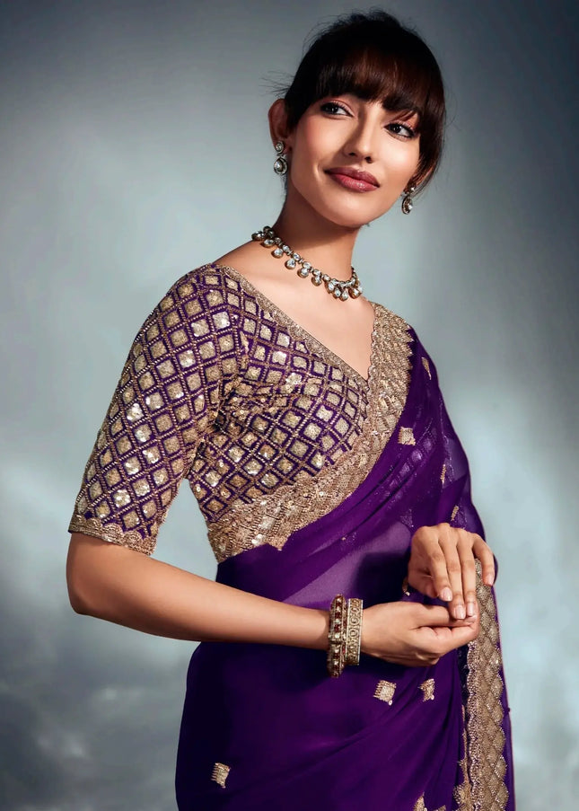 Purple Embroidered Wedding Saree