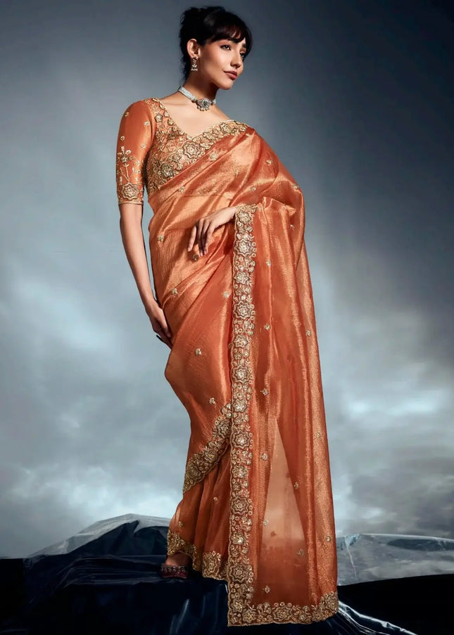 Orange Embroidered Wedding Saree