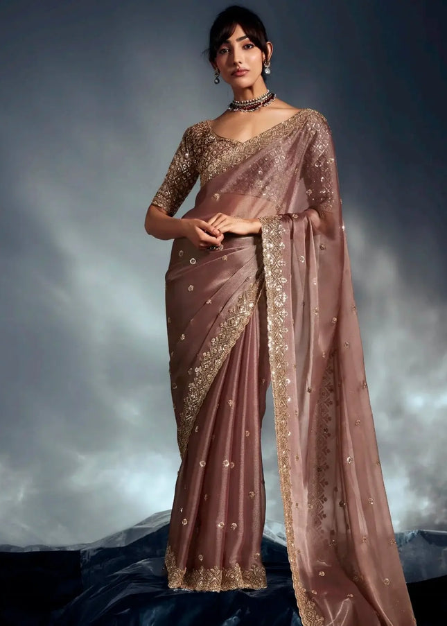 Brown Embroidered Wedding Saree