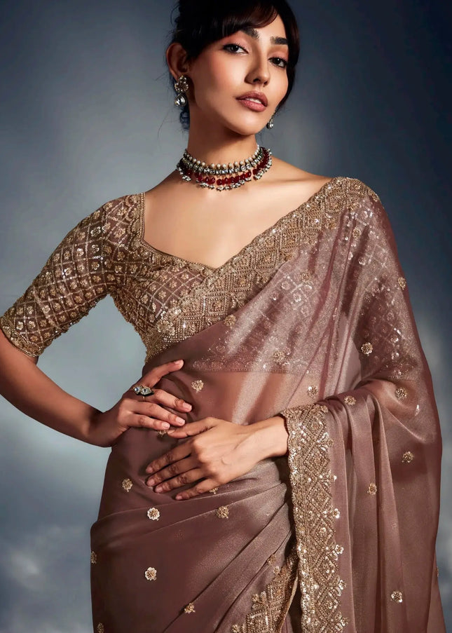 Brown Embroidered Wedding Saree