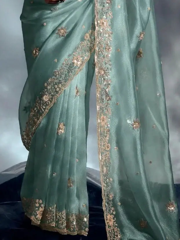 Sea Green and Pink Embroidered Wedding Saree