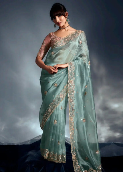 Sea Green and Pink Embroidered Wedding Saree
