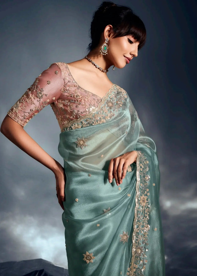 Sea Green and Pink Embroidered Wedding Saree