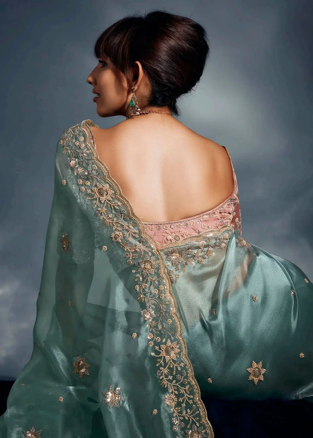 Sea Green and Pink Embroidered Wedding Saree