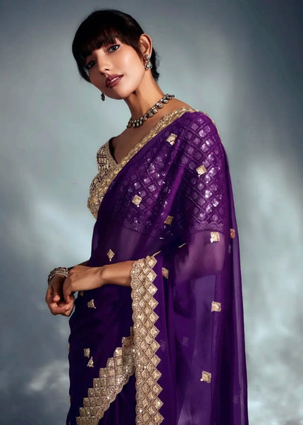 Purple Embroidered Wedding Saree
