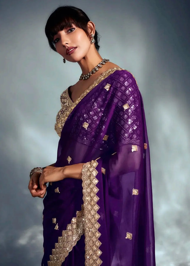 Purple Embroidered Wedding Saree