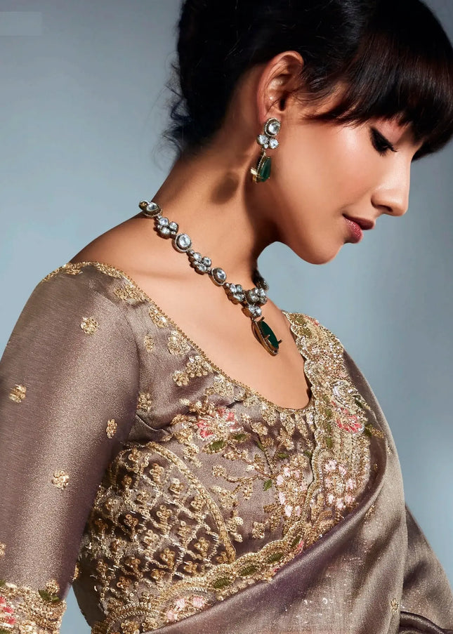 Brown Embroidered Wedding Saree
