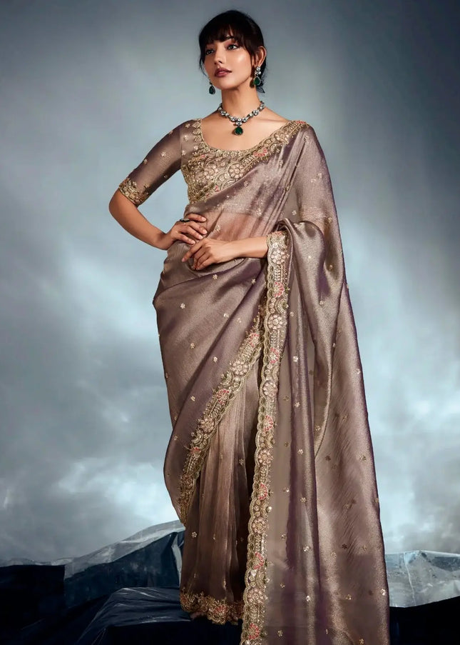 Brown Embroidered Wedding Saree