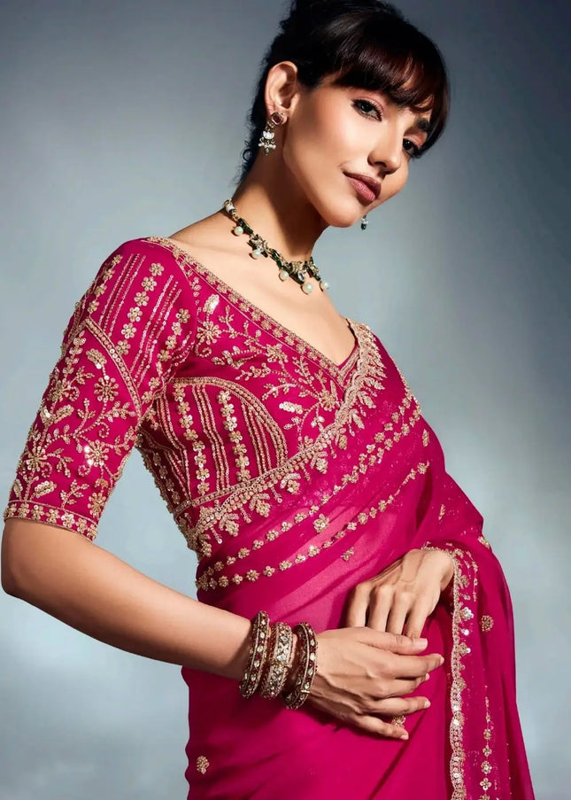 Pink Embroidered Wedding Saree