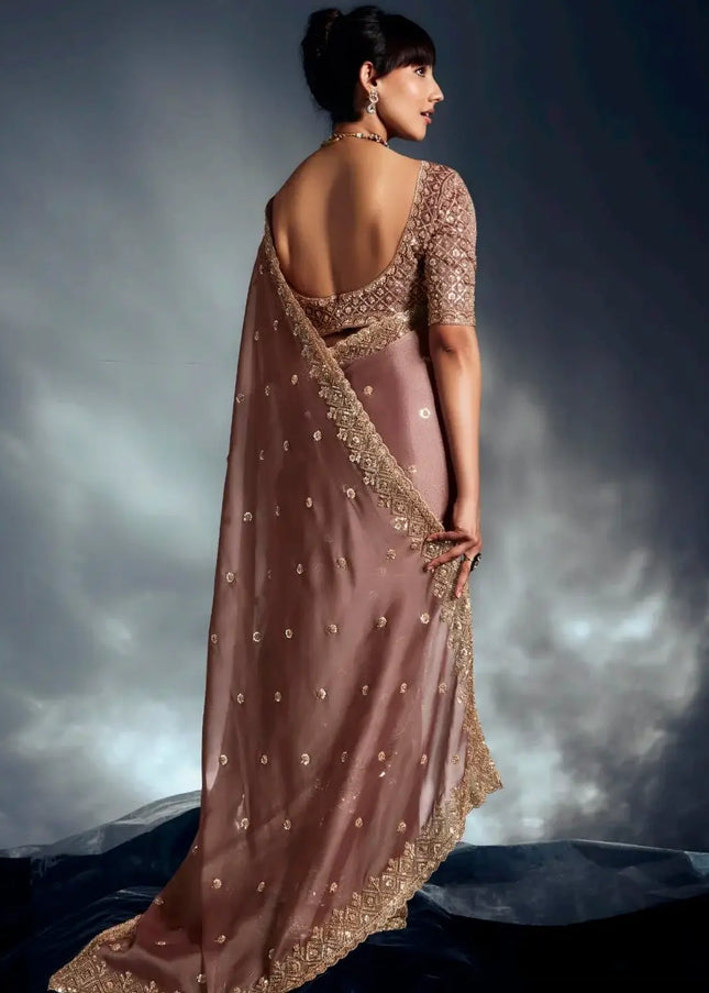 Brown Embroidered Wedding Saree