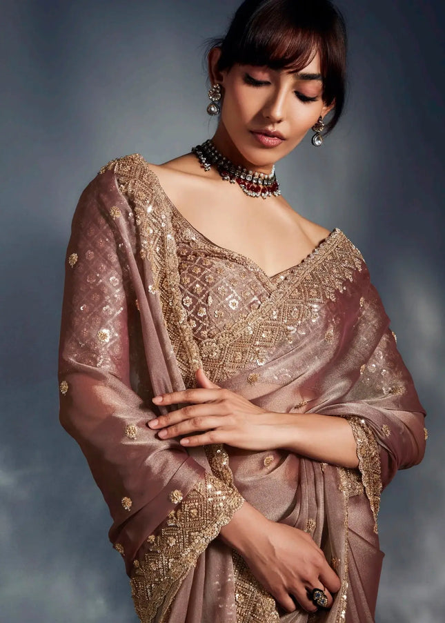 Brown Embroidered Wedding Saree