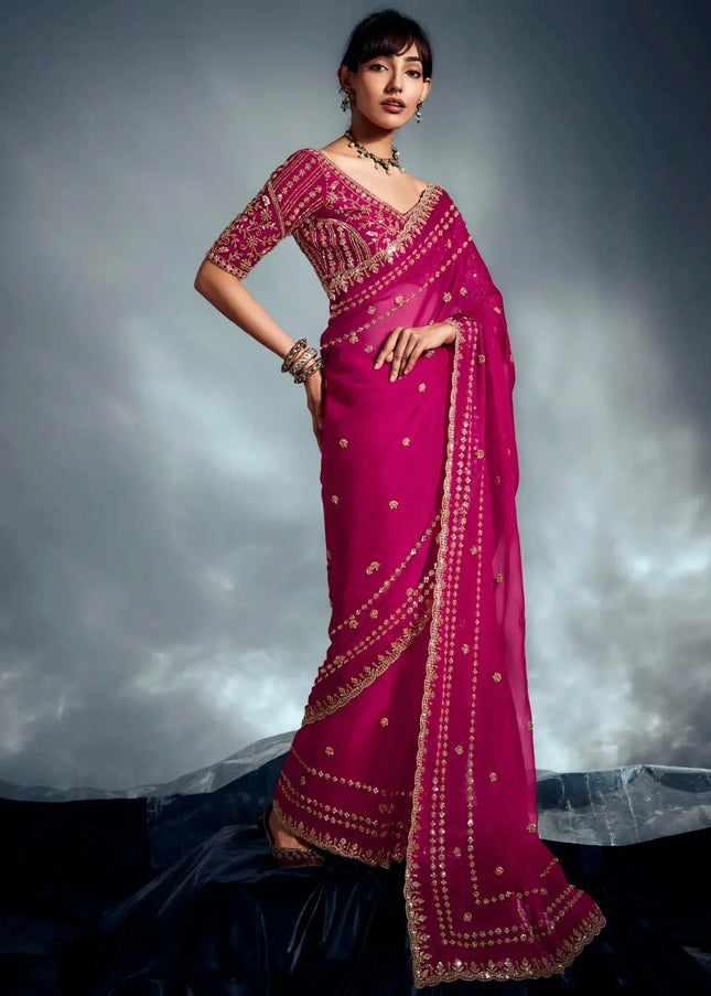 Pink Embroidered Wedding Saree