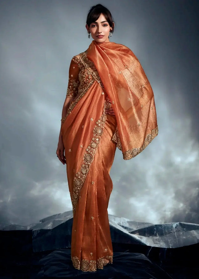 Orange Embroidered Wedding Saree