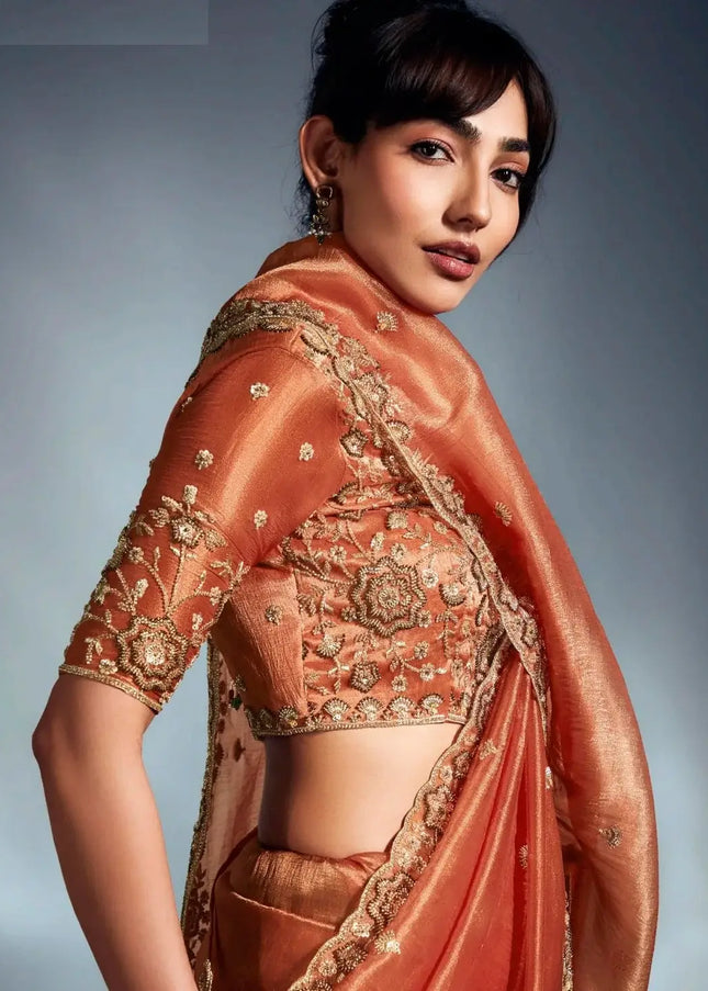Orange Embroidered Wedding Saree
