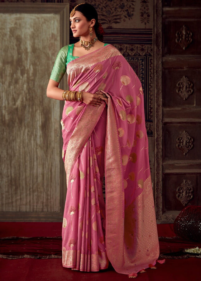 Pink and Green Zari Weaved Banarasi Saree