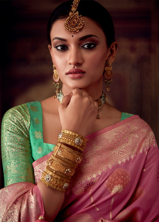 Pink and Green Zari Weaved Banarasi Saree