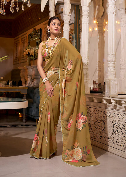 Brown Floral Printed Saree