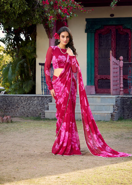 Pink Floral Printed and Embroidered Saree
