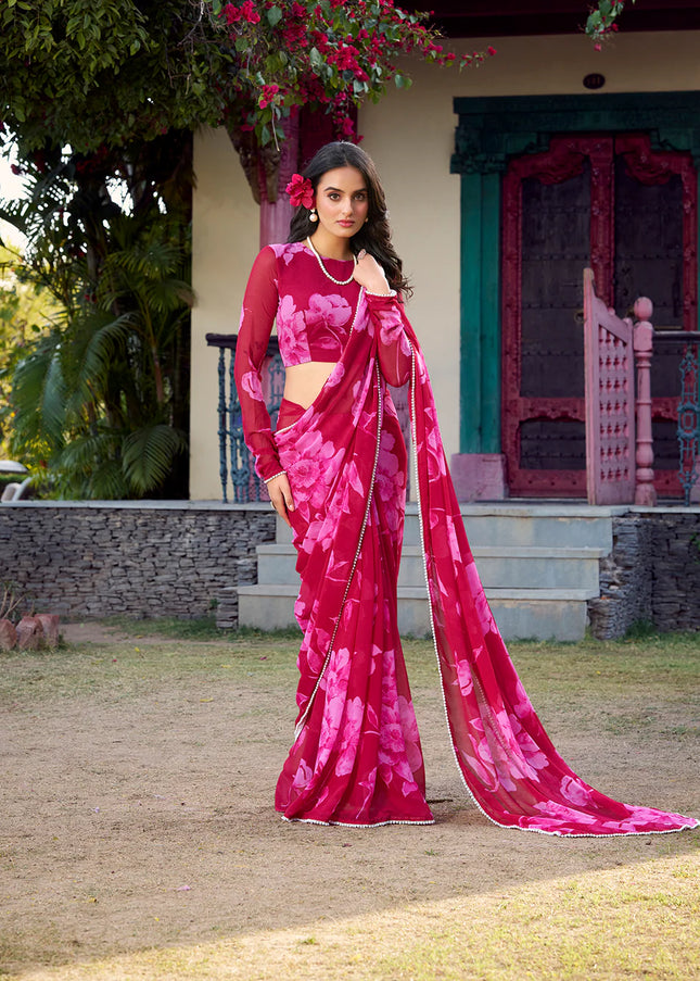 Pink Floral Printed and Embroidered Saree