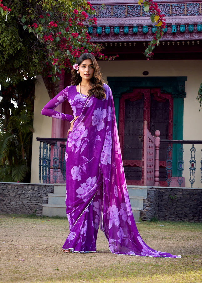 Purple Floral Printed and Embroidered Saree