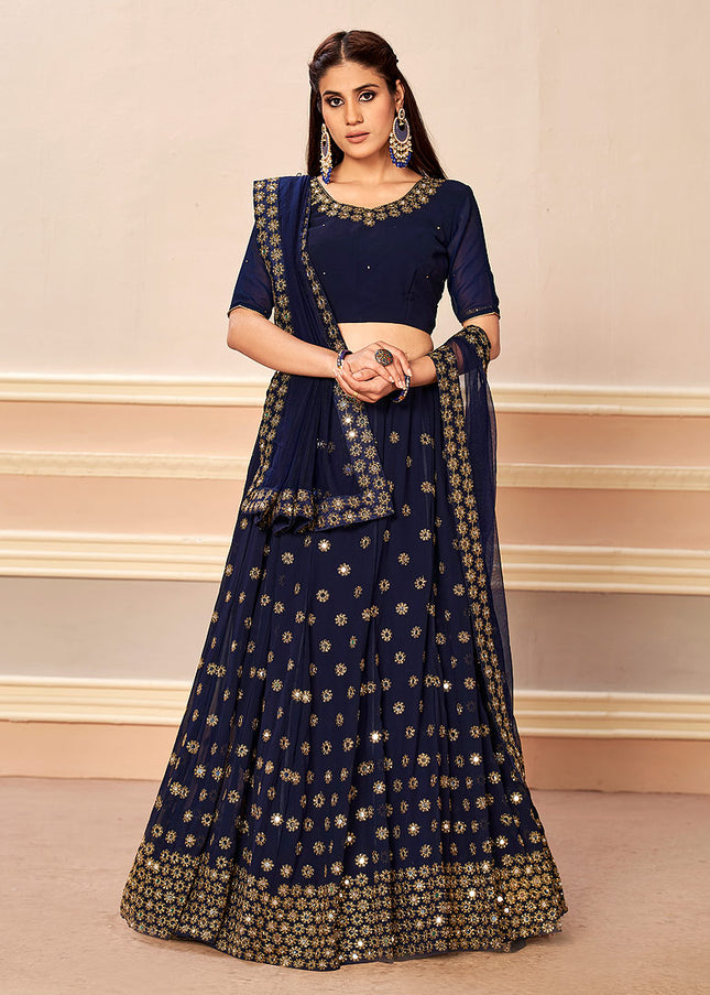 Navy Blue and Gold Embroidered Lehenga