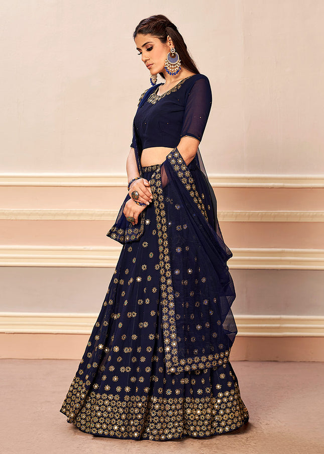 Navy Blue and Gold Embroidered Lehenga