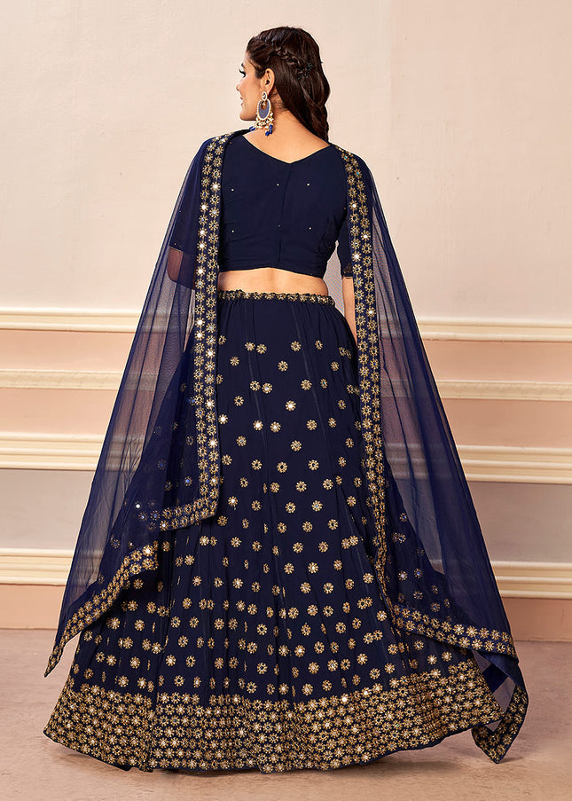 Navy Blue and Gold Embroidered Lehenga