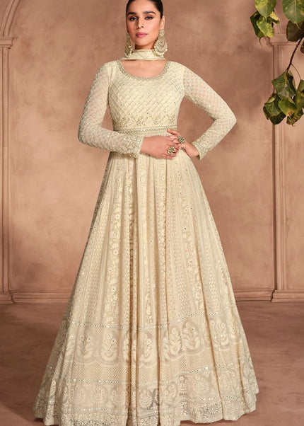 Cream Embroidered Anarkali Gown