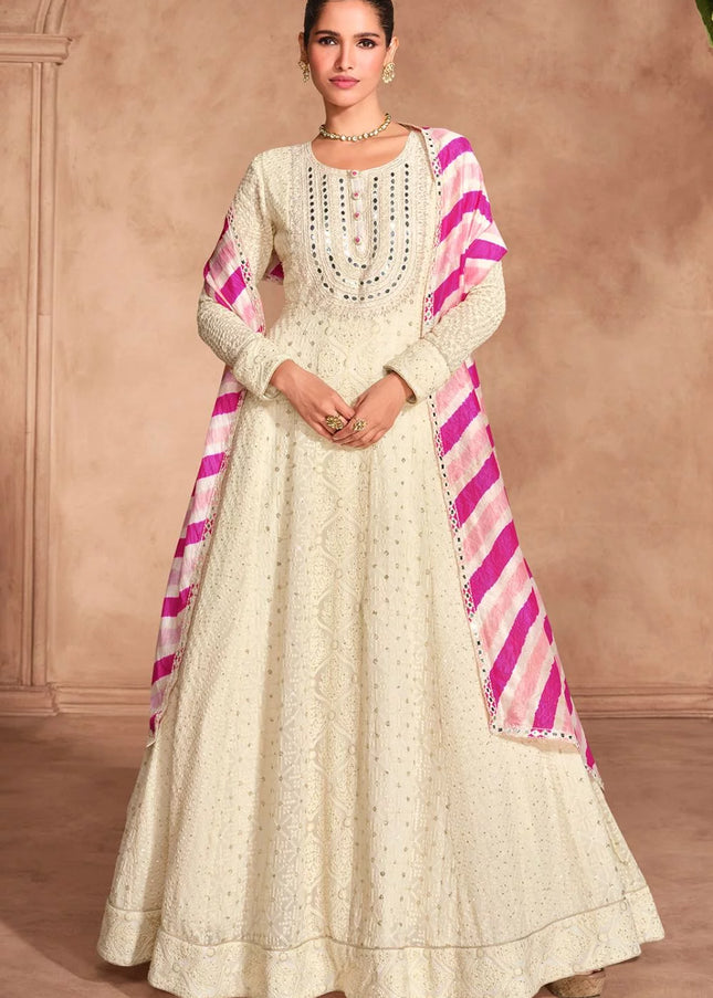 Cream Embroidered Anarkali Gown