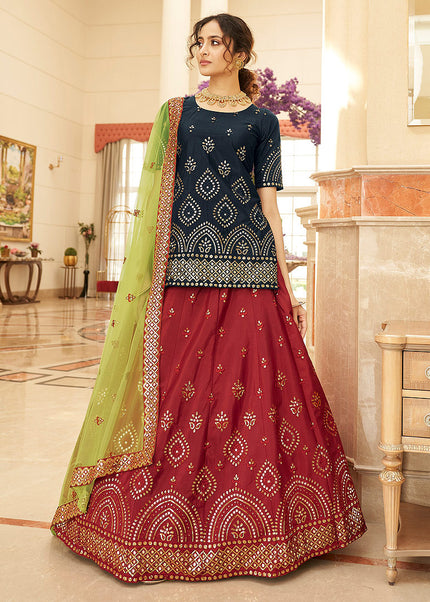 Blue and Red Embroidered Lehenga Anarkali