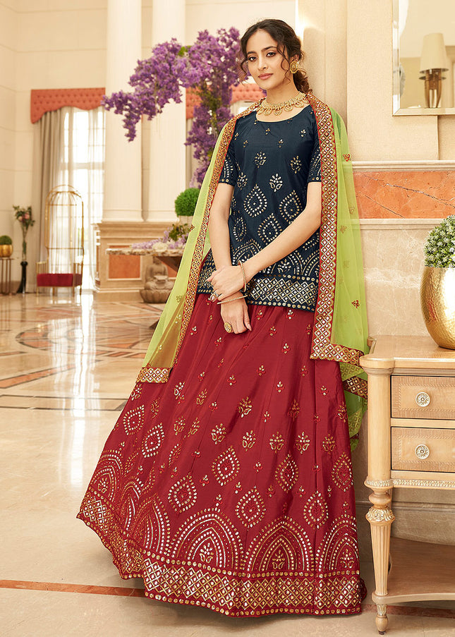 Blue and Red Embroidered Lehenga Anarkali