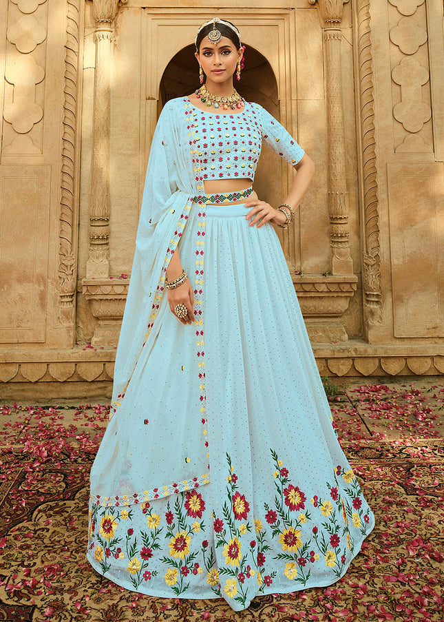 Sky Blue Floral Embroidered Lehenga