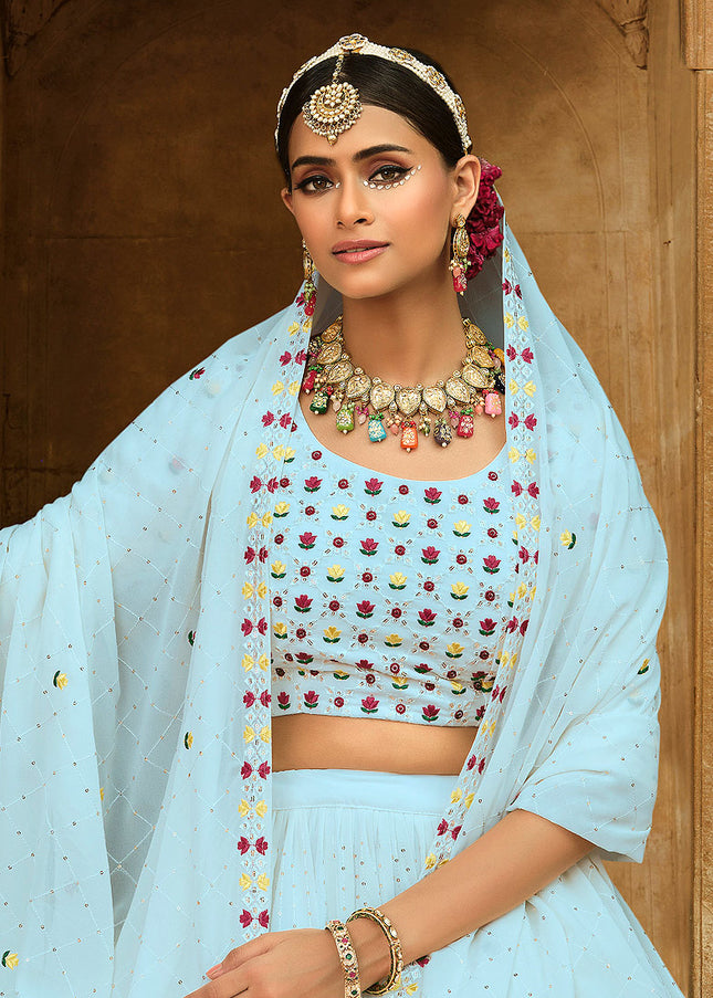 Sky Blue Floral Embroidered Lehenga