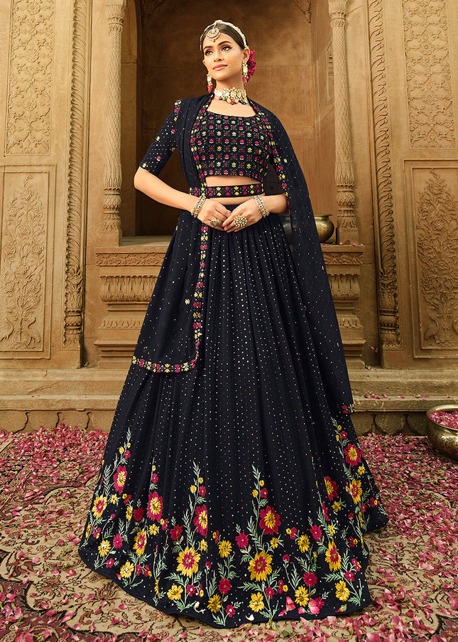 Dark Blue Floral Embroidered Lehenga