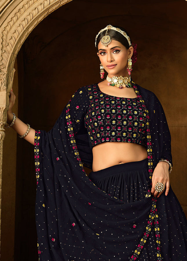 Dark Blue Floral Embroidered Lehenga