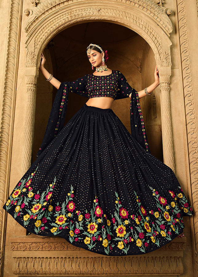 Dark Blue Floral Embroidered Lehenga