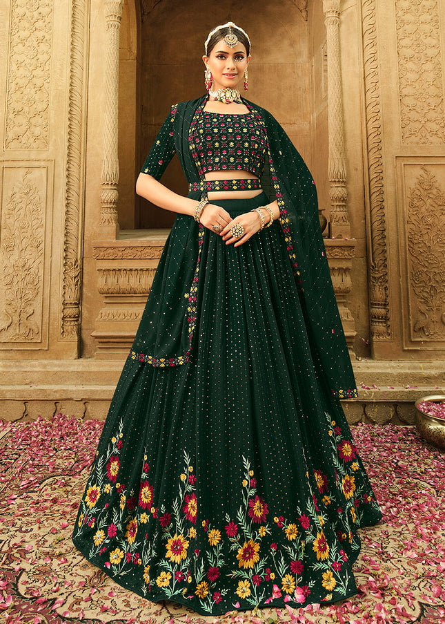 Green Floral Embroidered Lehenga