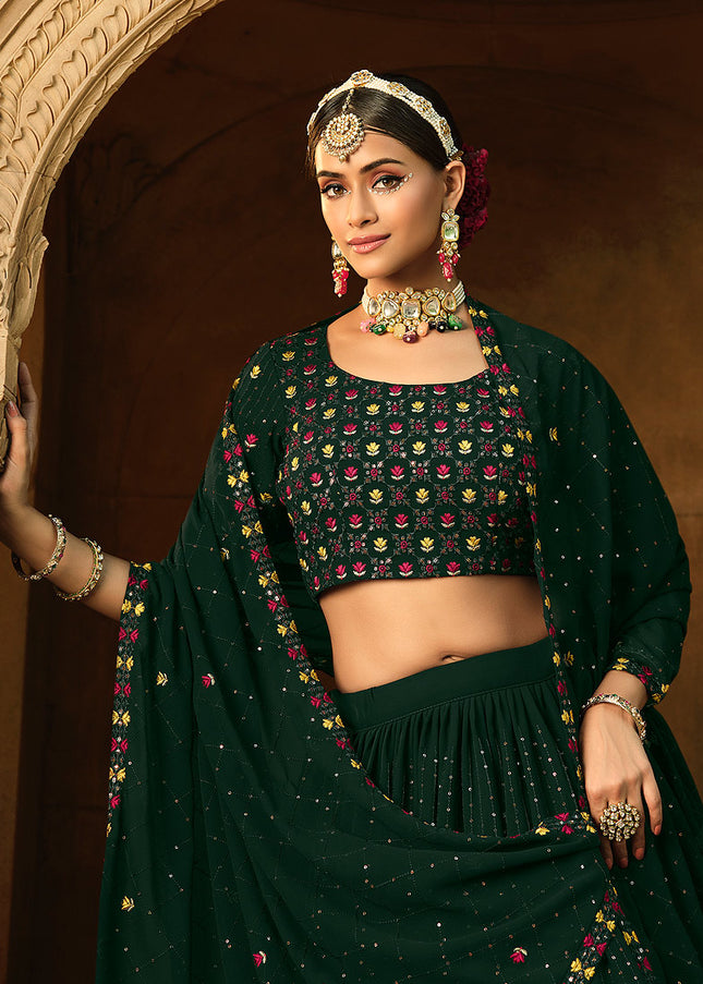 Green Floral Embroidered Lehenga