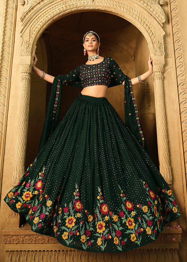 Green Floral Embroidered Lehenga