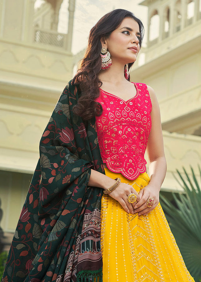 Yellow and Pink Embroidered Lehenga