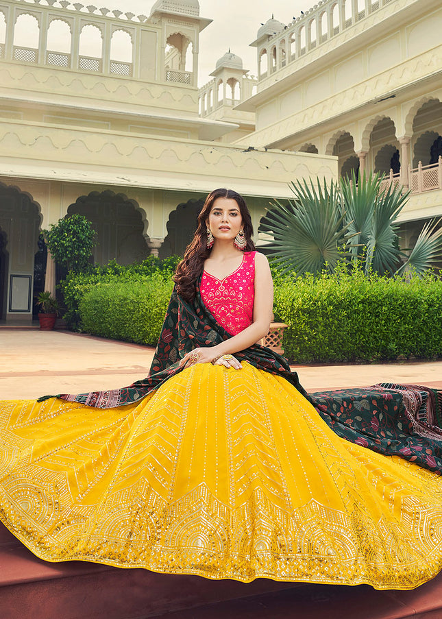 Yellow and Pink Embroidered Lehenga