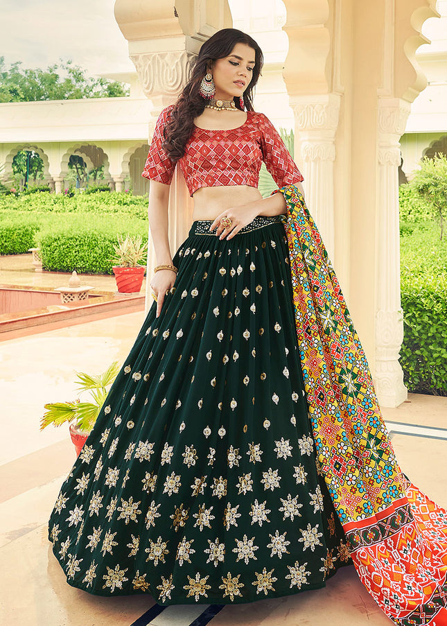 Dark Green and Red Embroidered Lehenga