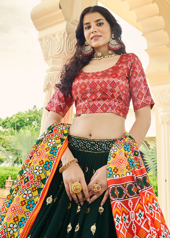 Dark Green and Red Embroidered Lehenga