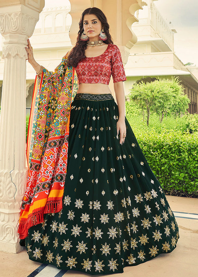 Dark Green and Red Embroidered Lehenga