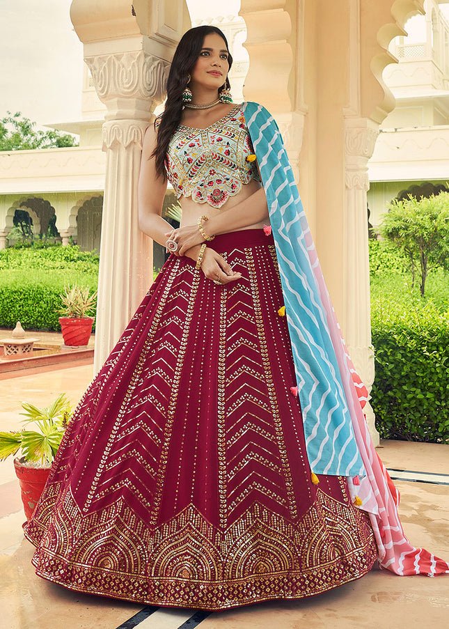 Deep Pink and Offwhite Embroidered Lehenga