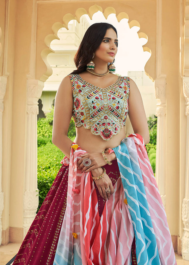 Deep Pink and Offwhite Embroidered Lehenga