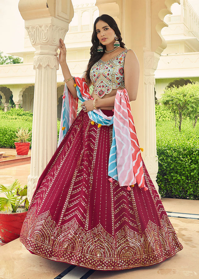 Deep Pink and Offwhite Embroidered Lehenga