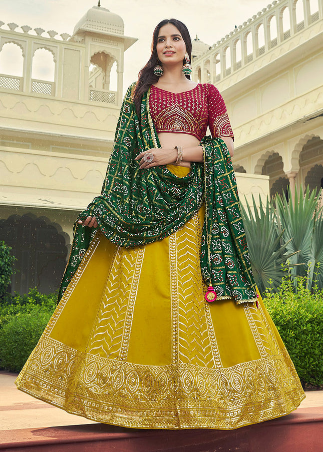 Yellow and Maroon Embroidered Lehenga